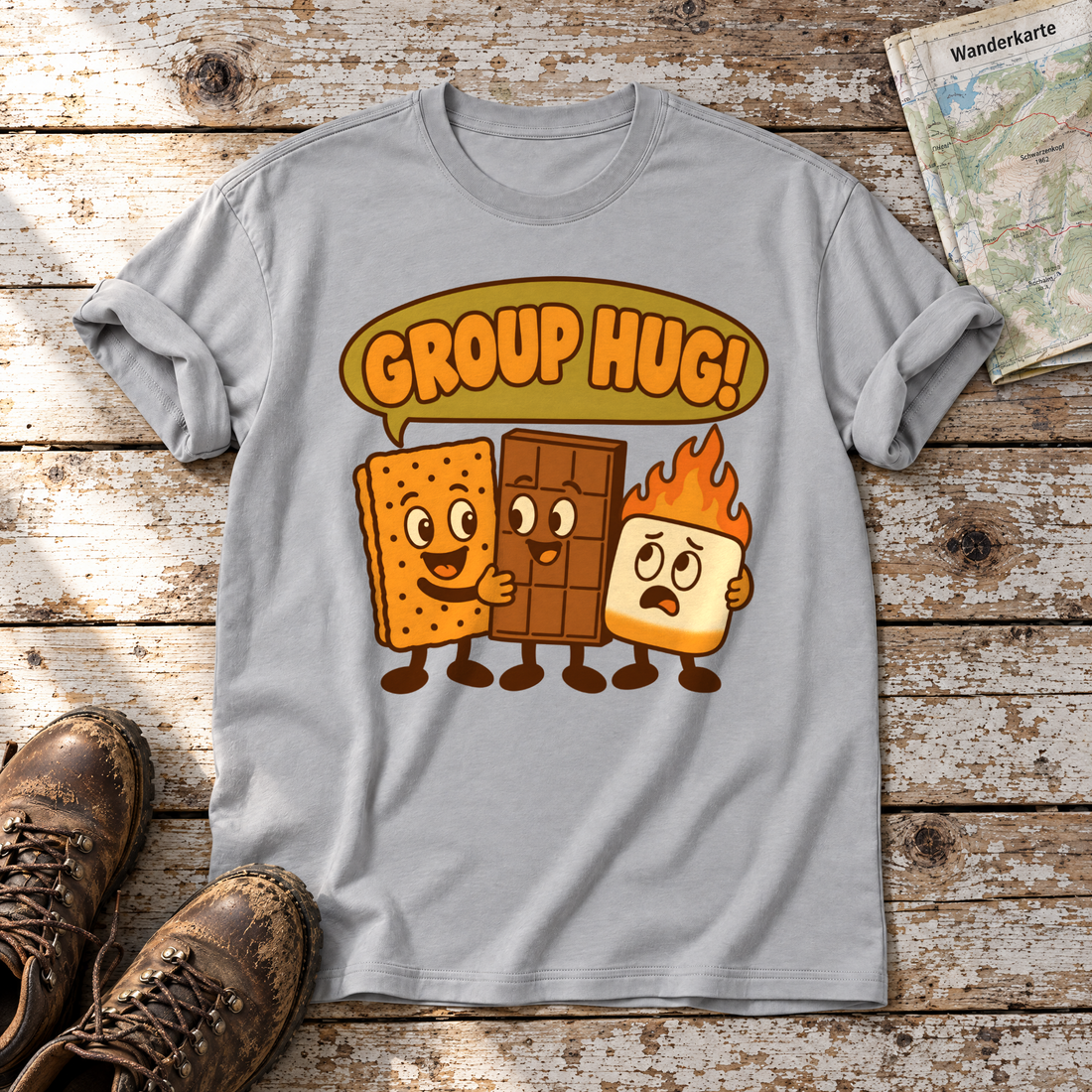 Group Hug – T-Shirt Unisex in Hellgrau, flach liegend auf alten Holzbrettern mit Wanderschuhen und Wanderkarte.