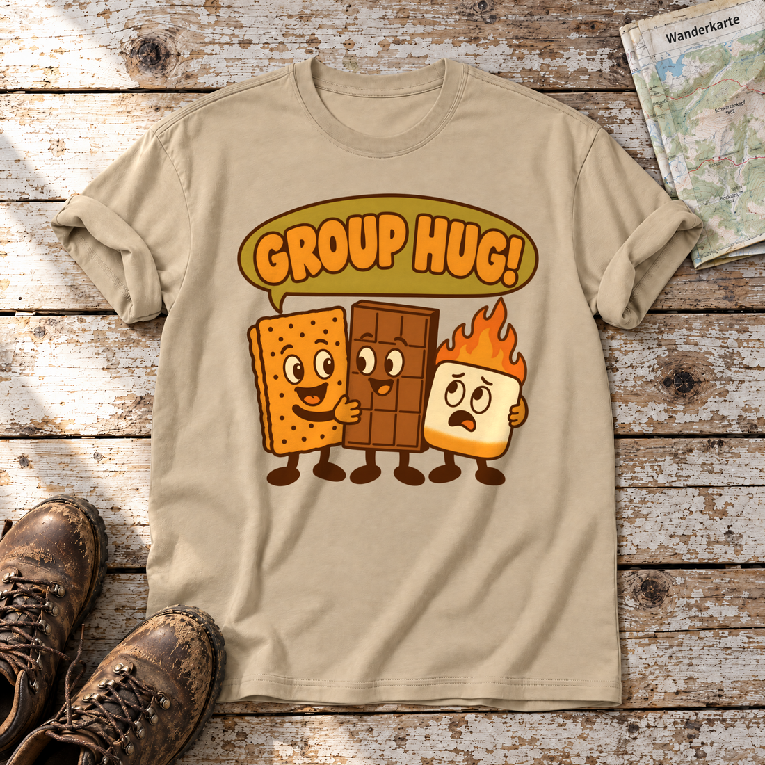 Group Hug – T-Shirt Unisex in Sand, flach liegend auf alten Holzbrettern mit Wanderschuhen und Wanderkarte.
