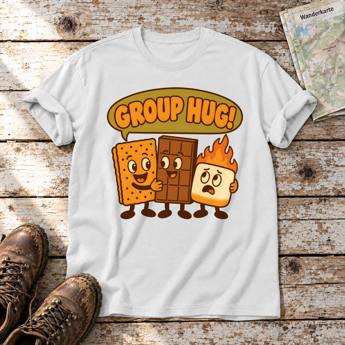Group Hug – T-Shirt Unisex in Weiß, flach liegend auf alten Holzbrettern mit Wanderschuhen und Wanderkarte.