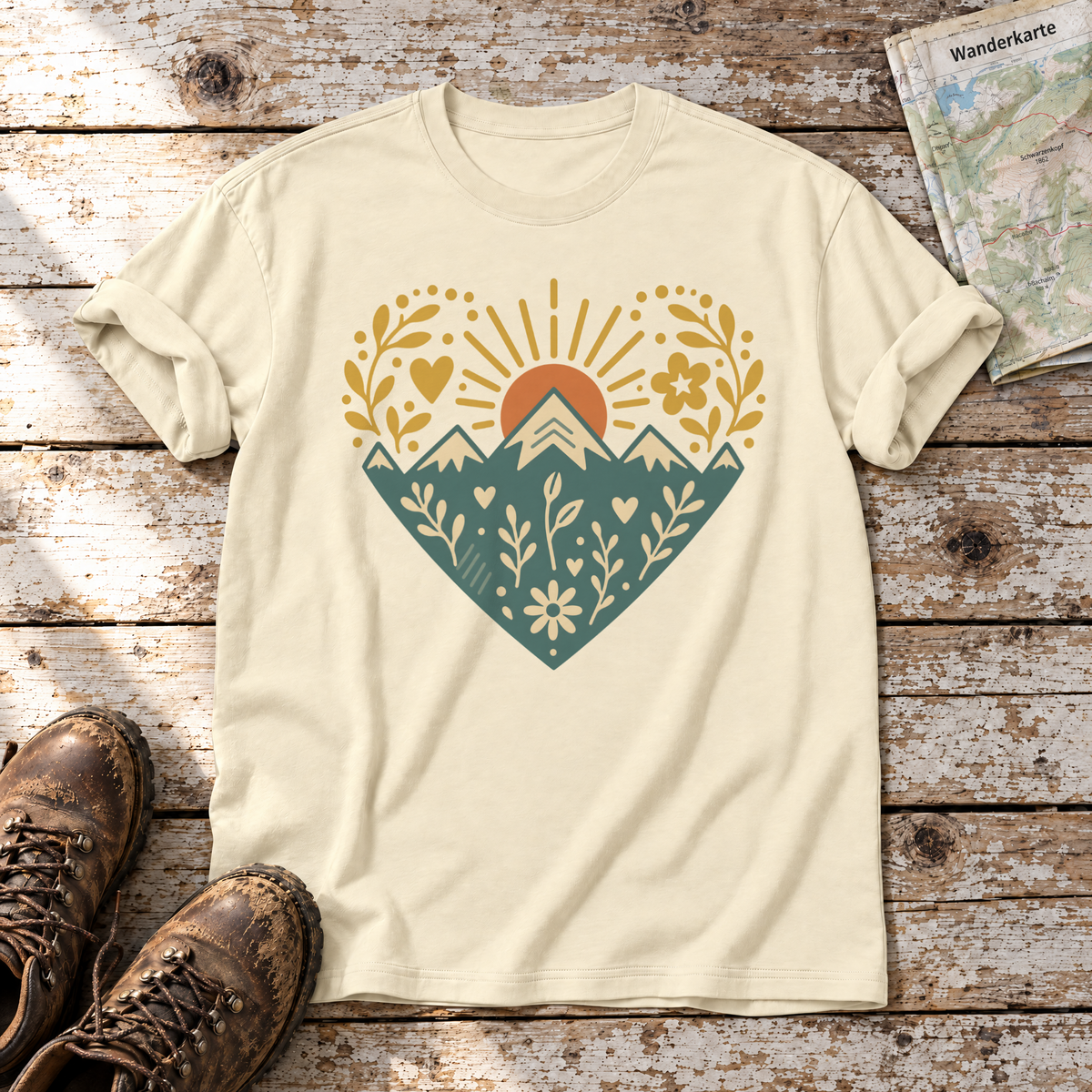 Bergherz – T-Shirt Unisex in Natur, flach liegend auf alten Holzbrettern mit Wanderschuhen und Wanderkarte.