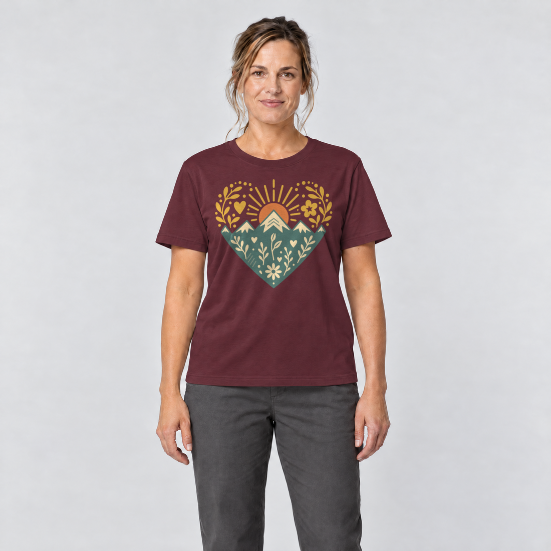 Frau trägt Bergherz – T-Shirt Unisex in Bordeaux, Ansicht von vorn