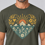 Nahaufnahme des Drucks: Bergherz – T-Shirt Unisex in Oliv, von einem Mann getragen