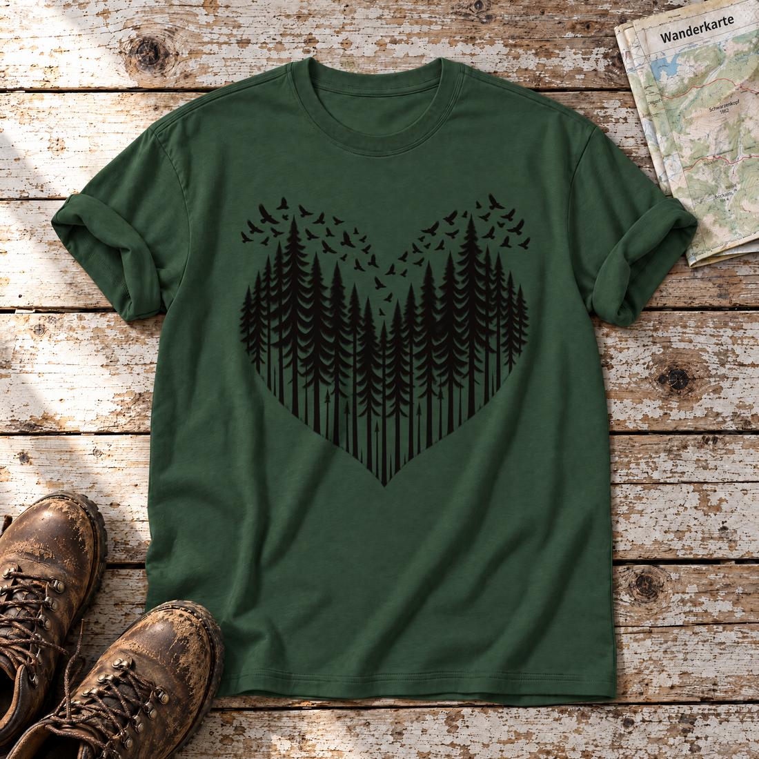 Bergwald-Herz mit Alpendohlen – T-Shirt Unisex in Flaschengrün, flach liegend auf alten Holzbrettern mit Wanderschuhen und Wanderkarte.