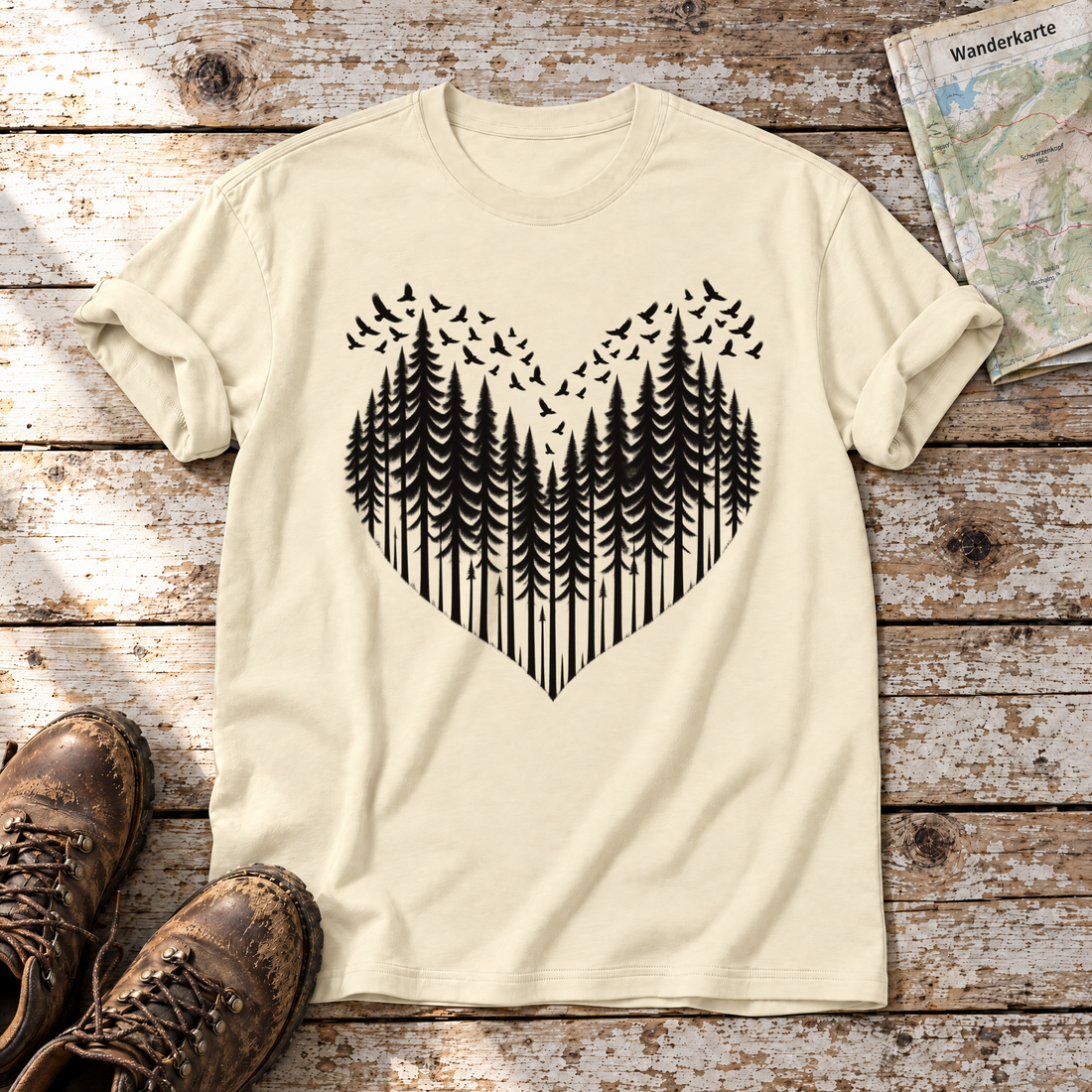 Bergwald-Herz mit Alpendohlen – T-Shirt Unisex in Natur, flach liegend auf alten Holzbrettern mit Wanderschuhen und Wanderkarte.