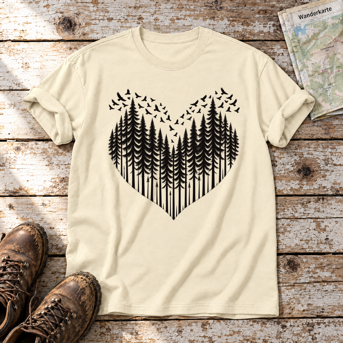 Bergwald-Herz mit Alpendohlen – T-Shirt Unisex in Natur, flach liegend auf alten Holzbrettern mit Wanderschuhen und Wanderkarte.