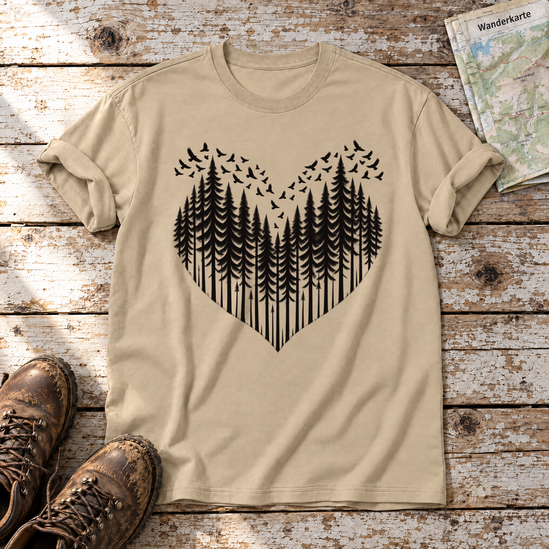 Bergwald-Herz mit Alpendohlen – T-Shirt Unisex in Sand, flach liegend auf alten Holzbrettern mit Wanderschuhen und Wanderkarte.