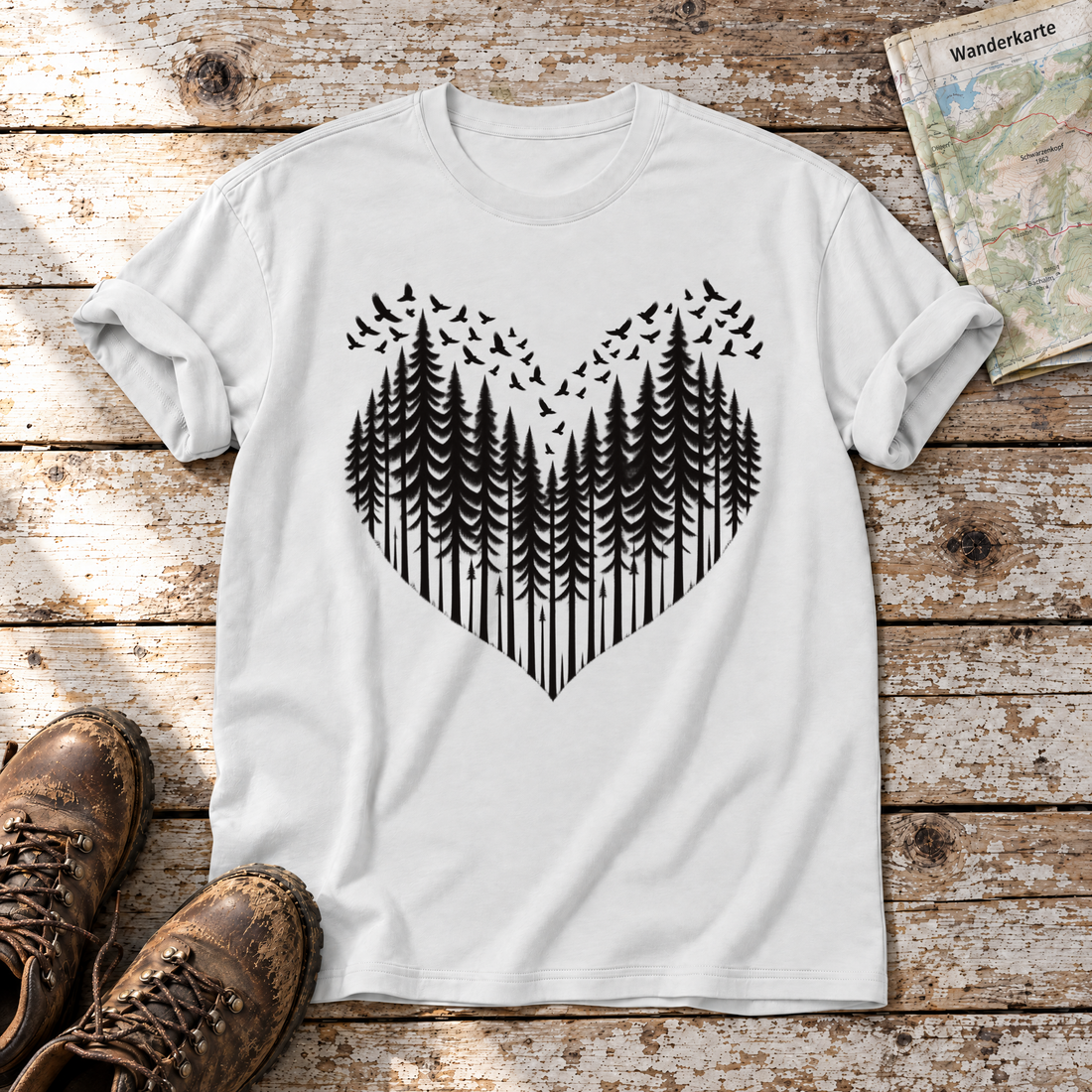 Bergwald-Herz mit Alpendohlen – T-Shirt Unisex in Weiß, flach liegend auf alten Holzbrettern mit Wanderschuhen und Wanderkarte.
