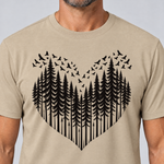Nahaufnahme des Drucks: Bergwald-Herz mit Alpendohlen – T-Shirt Unisex in Sand, von einem Mann getragen