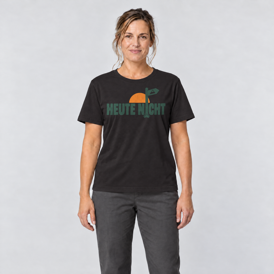 Frau trägt Heute nicht – T-Shirt Unisex in Schwarz, Ansicht von vorn