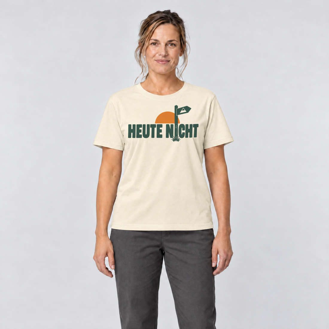 Frau trägt Heute nicht – T-Shirt Unisex in Natur, Ansicht von vorn