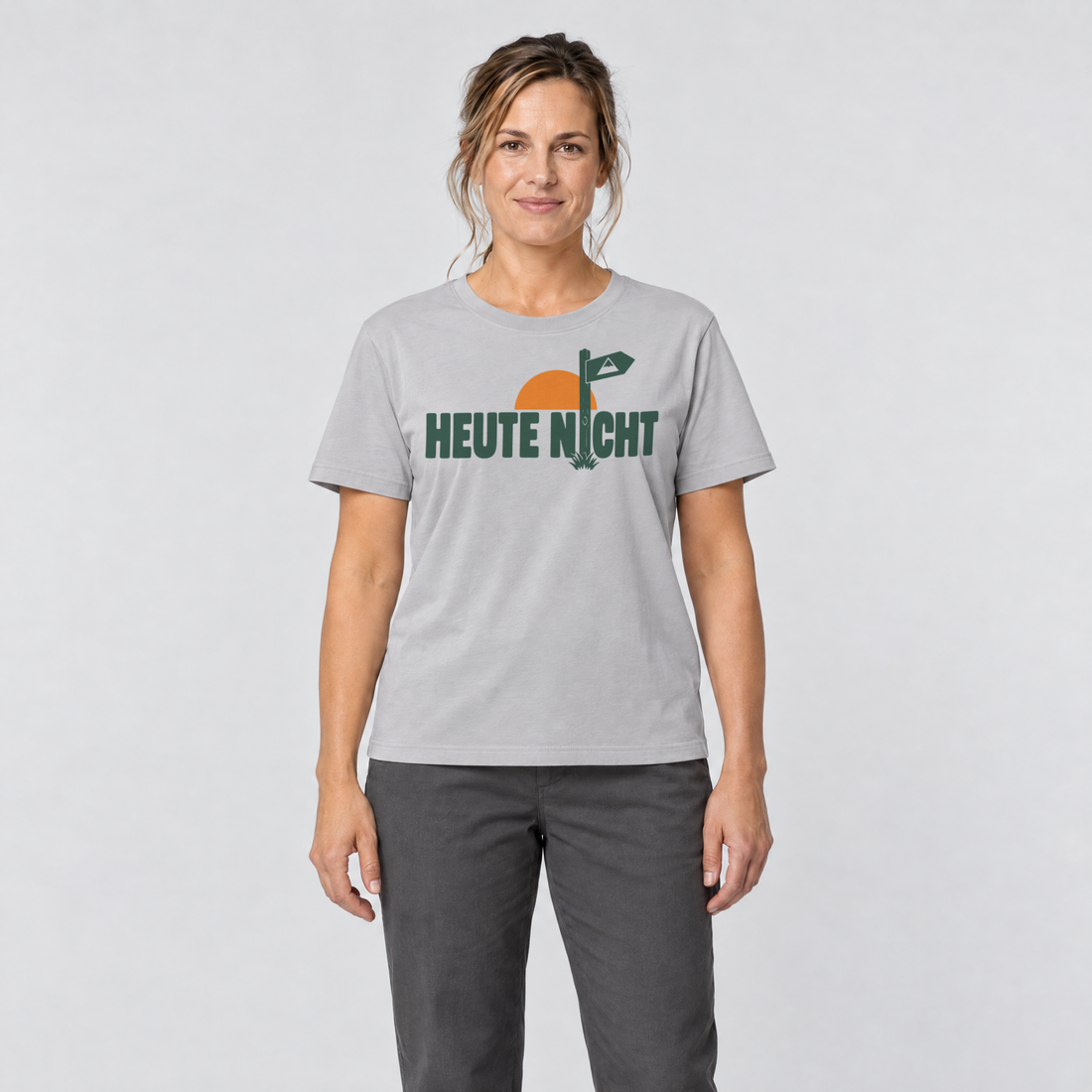 Frau trägt Heute nicht – T-Shirt Unisex in Hellgrau, Ansicht von vorn