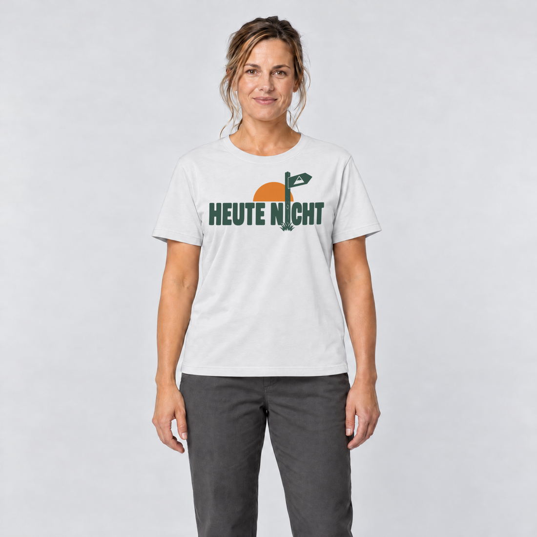 Frau trägt Heute nicht – T-Shirt Unisex in Weiß, Ansicht von vorn