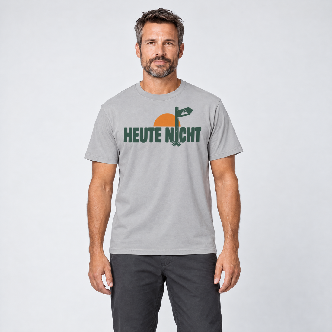 Mann trägt Heute nicht – T-Shirt Unisex in Hellgrau, Ansicht von vorn