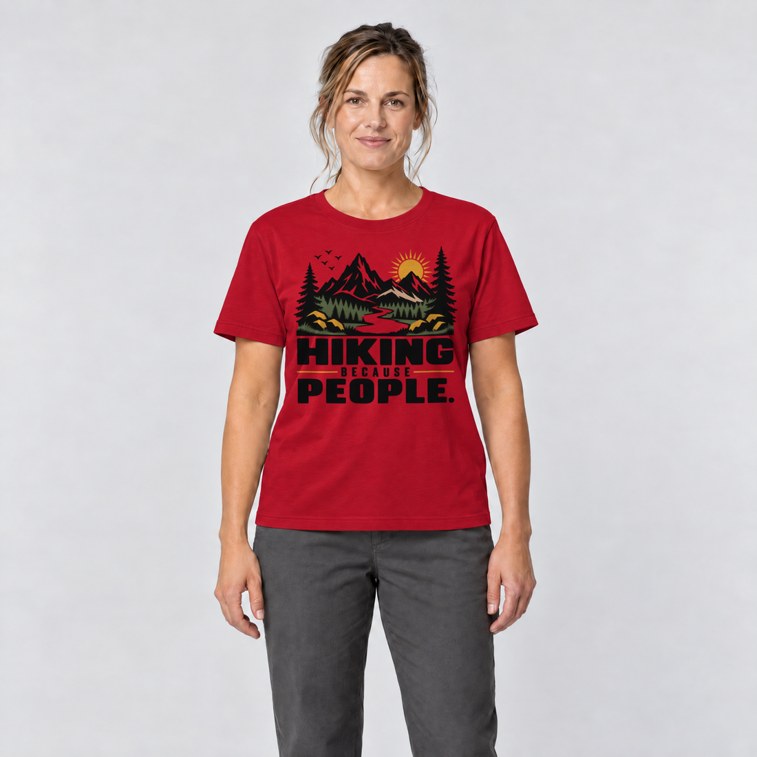 Frau trägt Hiking because people – T-Shirt Unisex in Rot, Ansicht von vorn