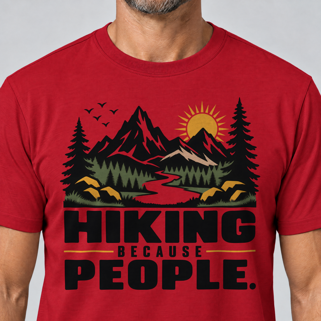 Nahaufnahme des Drucks: Hiking because people – T-Shirt Unisex in Rot, von einem Mann getragen