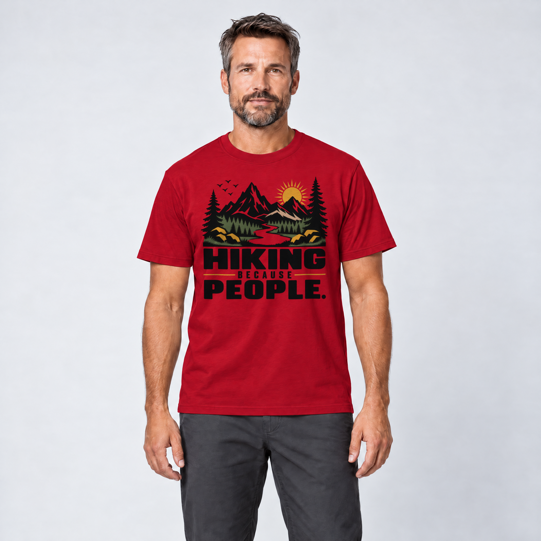 Mann trägt Hiking because people – T-Shirt Unisex in Rot, Ansicht von vorn