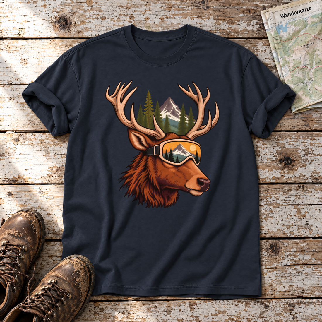 Hirsch mit Skibrille – T-Shirt Unisex in Navy, flach liegend auf alten Holzbrettern mit Wanderschuhen und Wanderkarte.