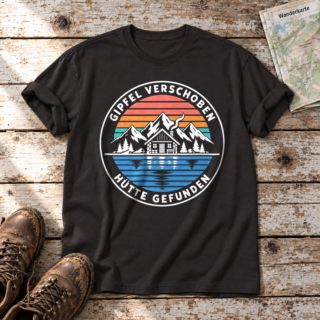 Gipfel verschoben, Hütte gefunden – T-Shirt Unisex in Schwarz, flach liegend auf alten Holzbrettern mit Wanderschuhen und Wanderkarte.