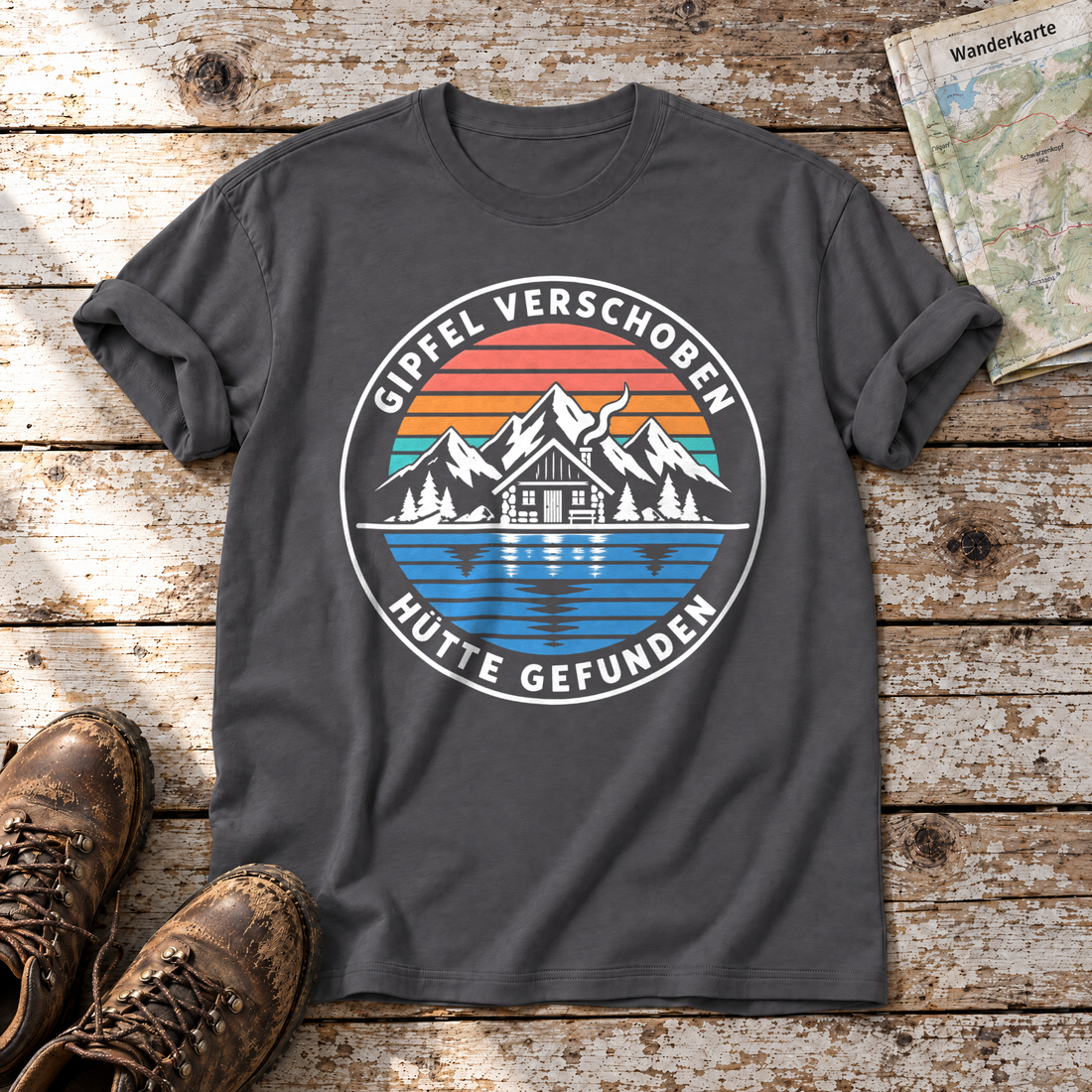 Gipfel verschoben, Hütte gefunden – T-Shirt Unisex in Dunkelgrau, flach liegend auf alten Holzbrettern mit Wanderschuhen und Wanderkarte.