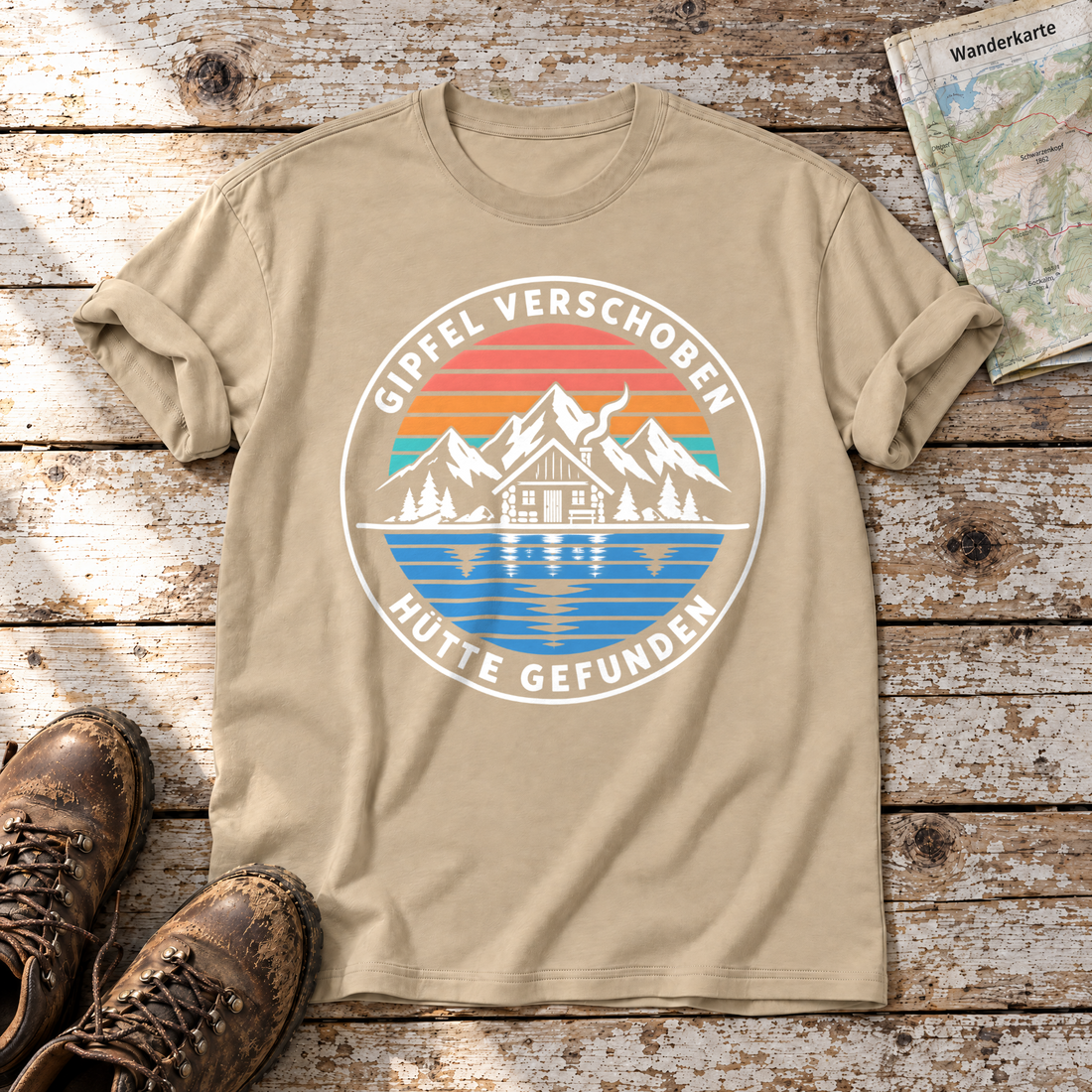 Gipfel verschoben, Hütte gefunden – T-Shirt Unisex in Sand, flach liegend auf alten Holzbrettern mit Wanderschuhen und Wanderkarte.