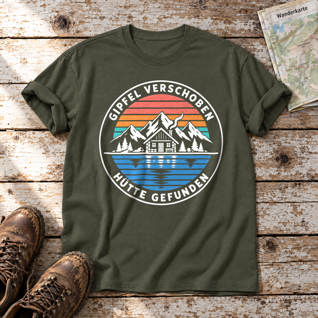 Gipfel verschoben, Hütte gefunden – T-Shirt Unisex in Oliv, flach liegend auf alten Holzbrettern mit Wanderschuhen und Wanderkarte.