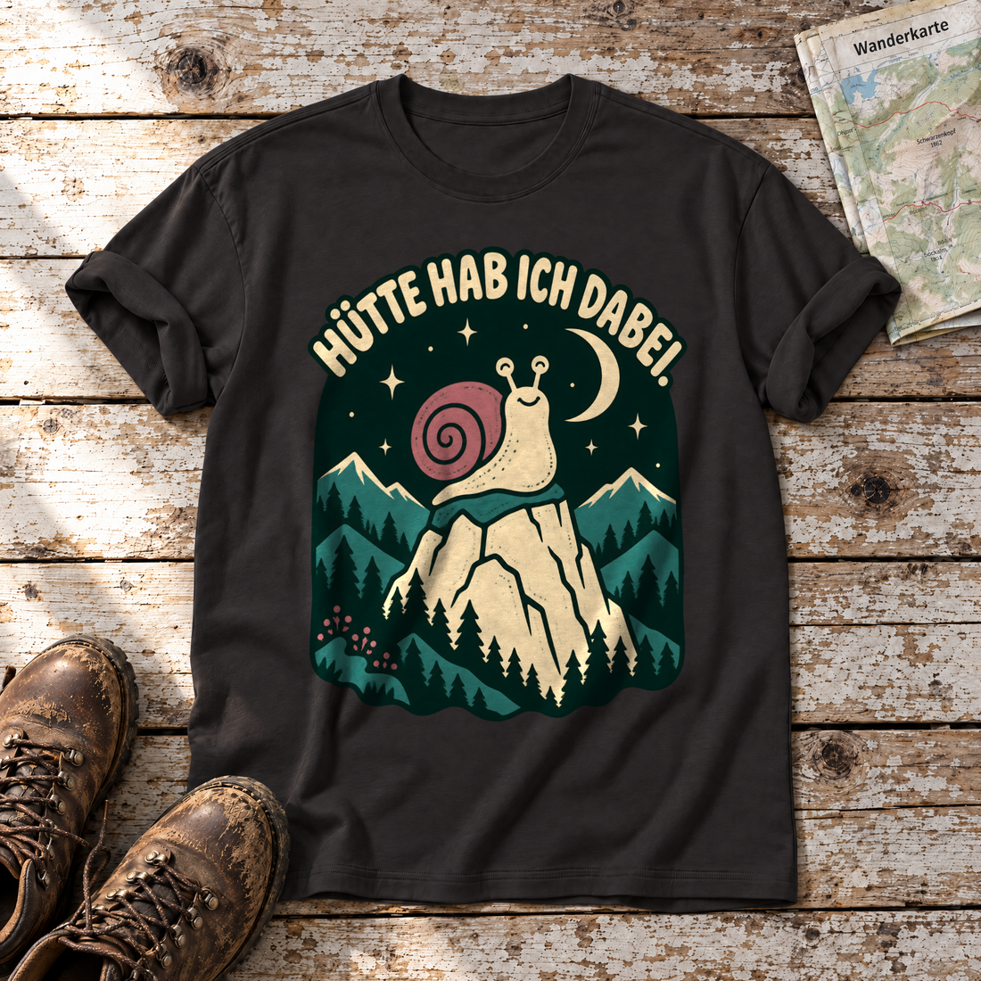 Hütte hab ich dabei – T-Shirt Unisex in Schwarz, flach liegend auf alten Holzbrettern mit Wanderschuhen und Wanderkarte.