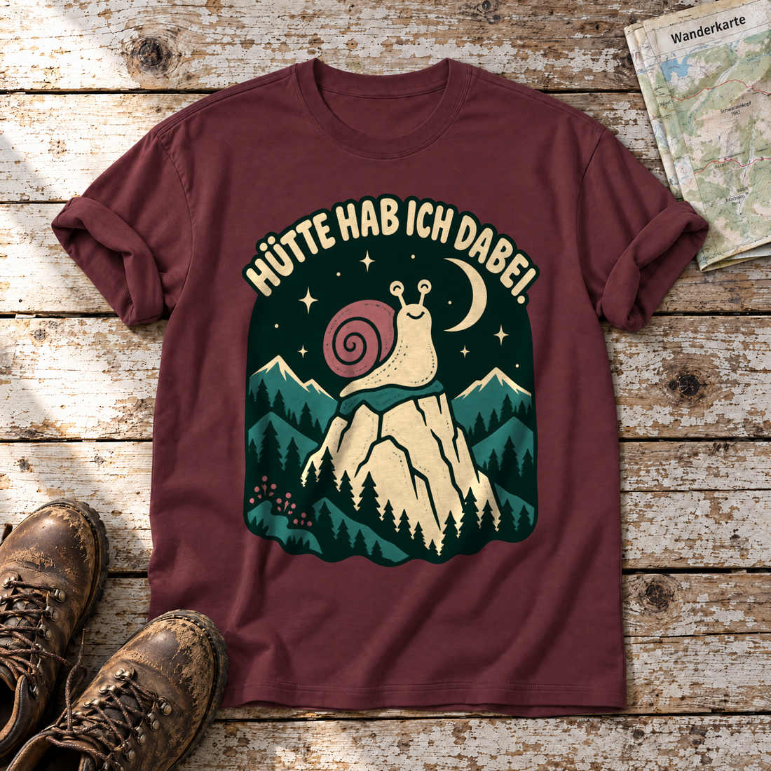 Hütte hab ich dabei – T-Shirt Unisex in Bordeaux, flach liegend auf alten Holzbrettern mit Wanderschuhen und Wanderkarte.