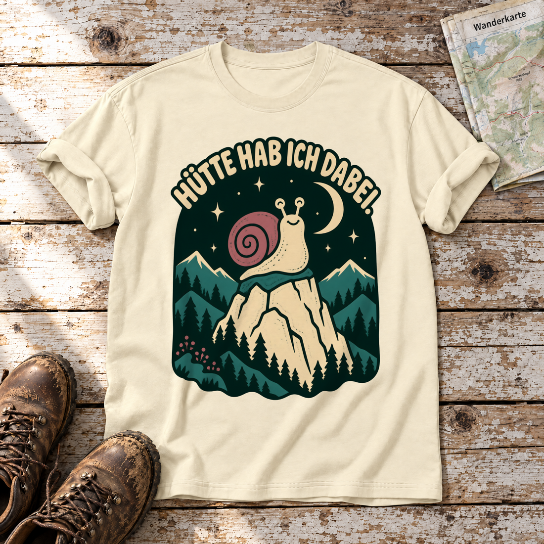 Hütte hab ich dabei – T-Shirt Unisex in Natur, flach liegend auf alten Holzbrettern mit Wanderschuhen und Wanderkarte.