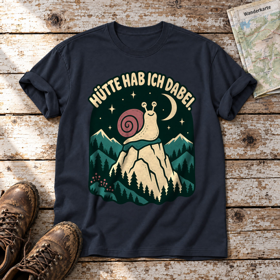 Hütte hab ich dabei – T-Shirt Unisex in Navy, flach liegend auf alten Holzbrettern mit Wanderschuhen und Wanderkarte.