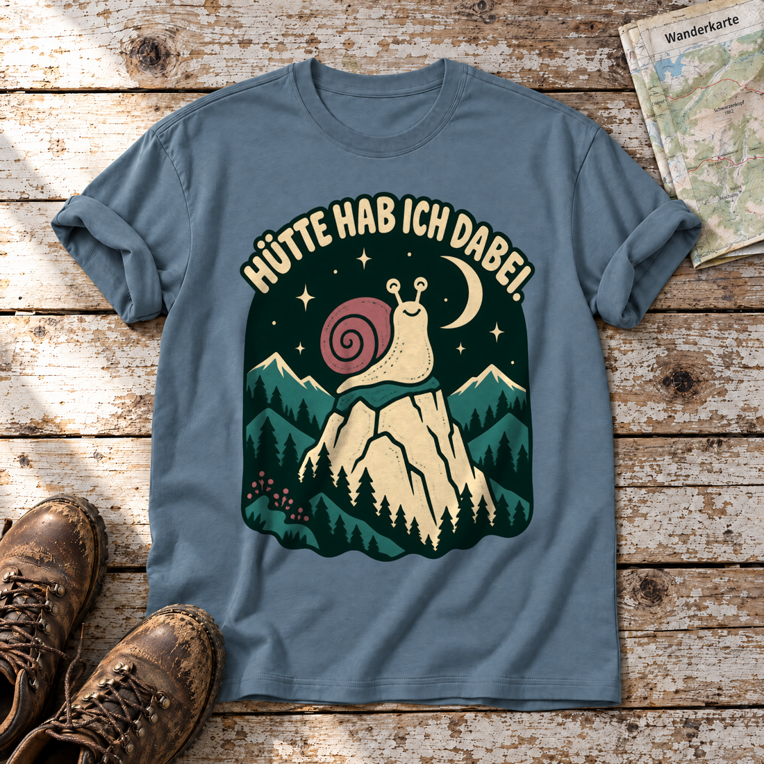Hütte hab ich dabei – T-Shirt Unisex in Steinblau, flach liegend auf alten Holzbrettern mit Wanderschuhen und Wanderkarte.