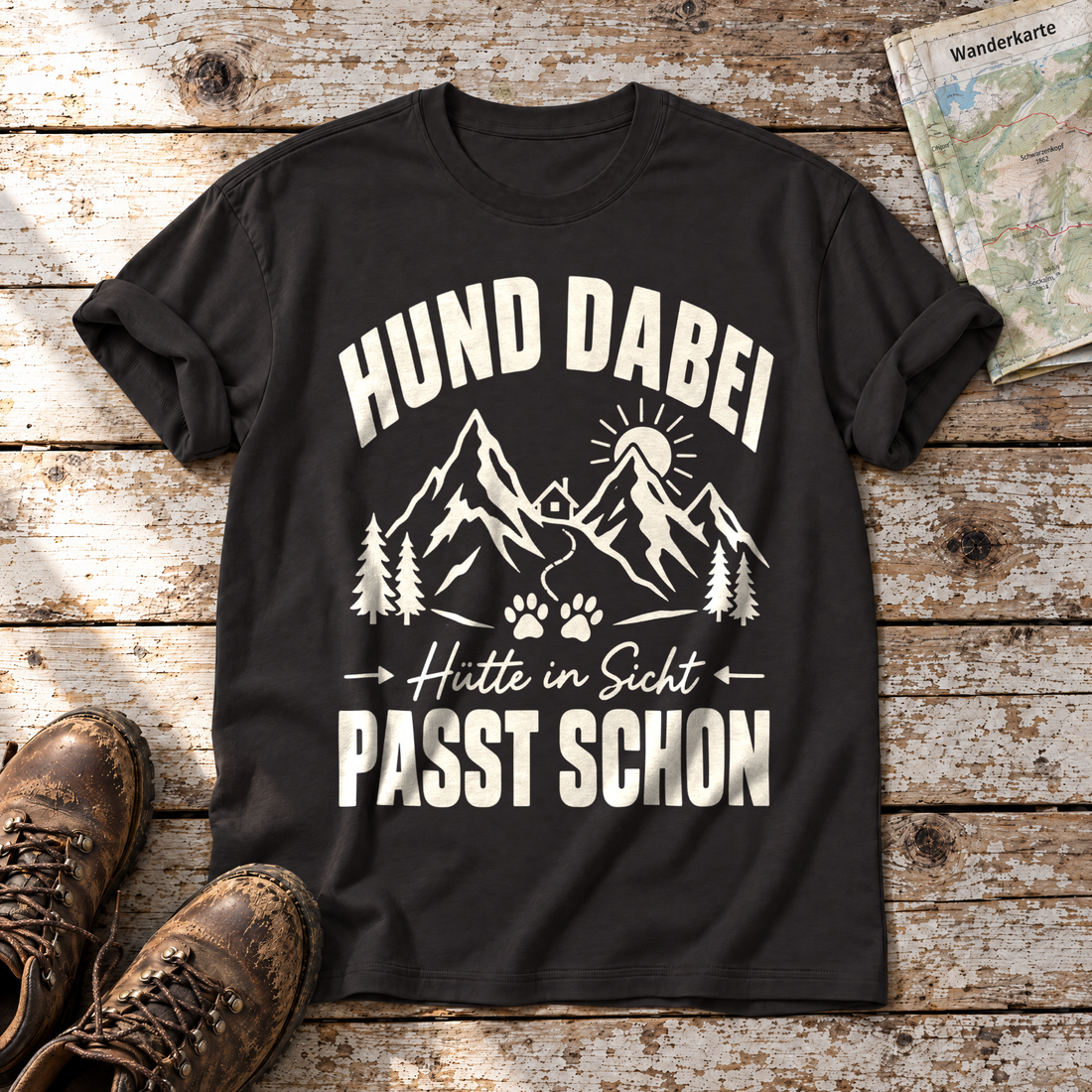 Hütte in Sicht, passt schon – T-Shirt Unisex in Schwarz, flach liegend auf alten Holzbrettern mit Wanderschuhen und Wanderkarte.