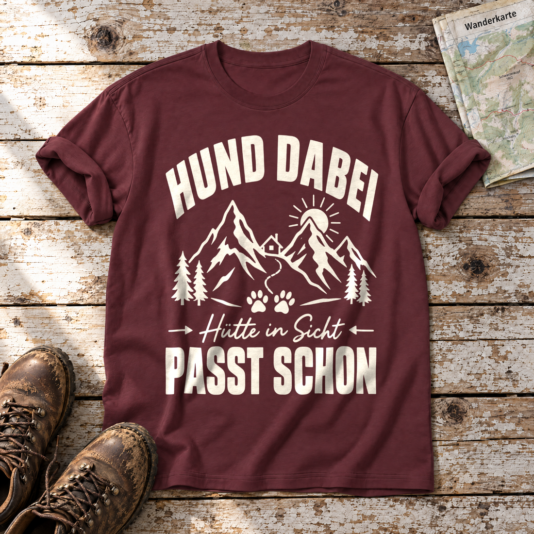 Hütte in Sicht, passt schon – T-Shirt Unisex in Bordeaux, flach liegend auf alten Holzbrettern mit Wanderschuhen und Wanderkarte.