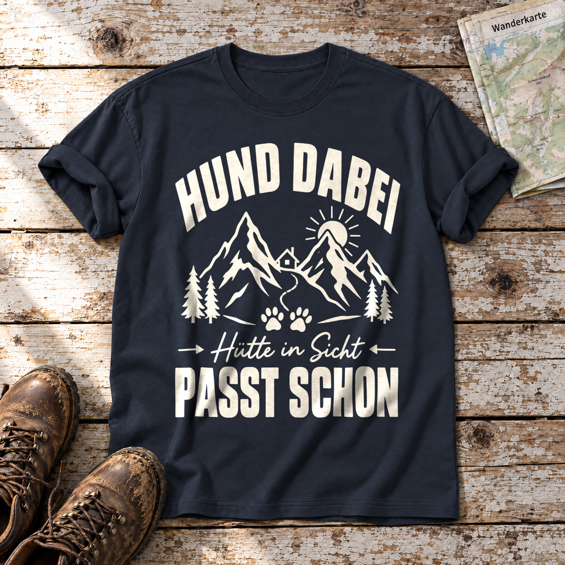 Hütte in Sicht, passt schon – T-Shirt Unisex in Navy, flach liegend auf alten Holzbrettern mit Wanderschuhen und Wanderkarte.