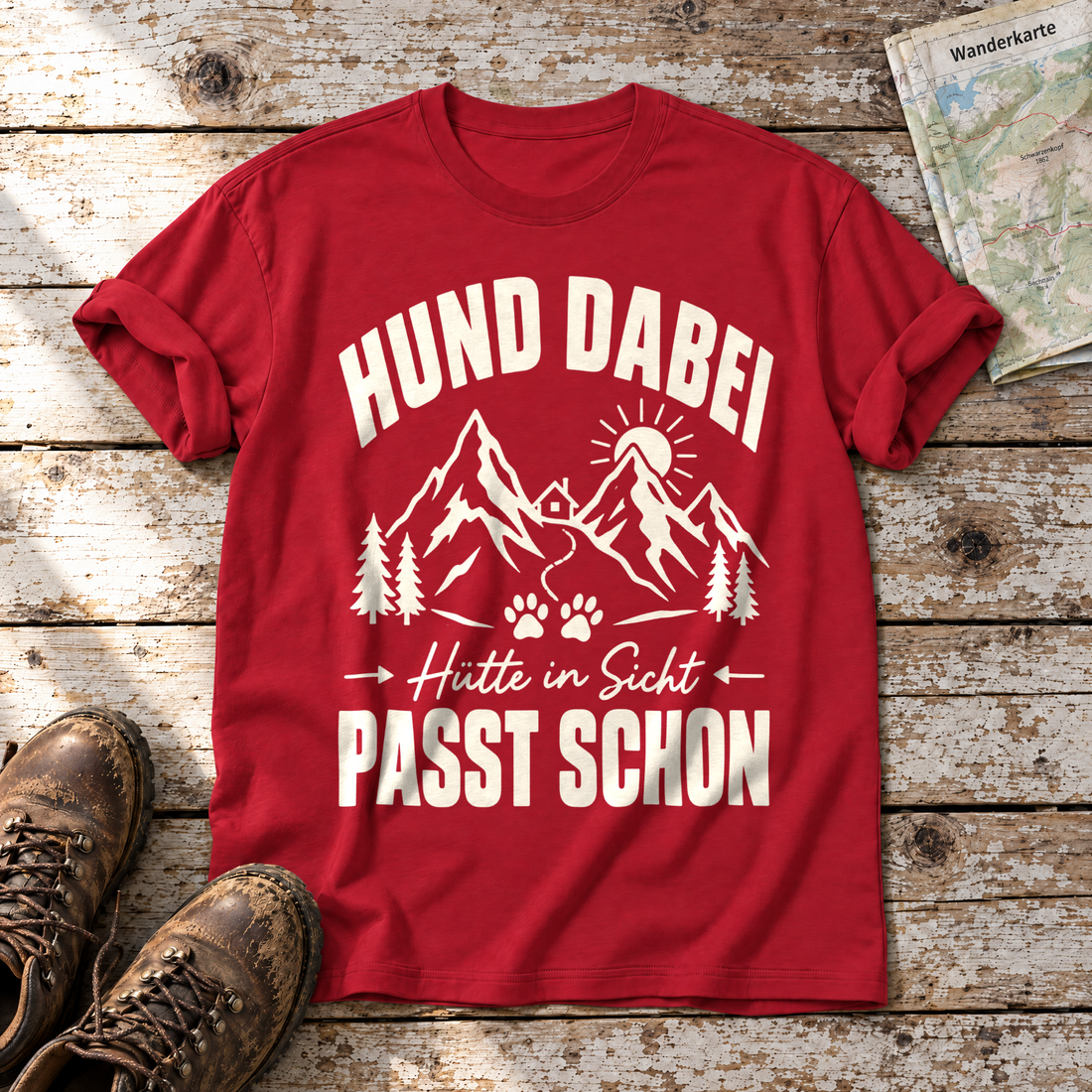 Hütte in Sicht, passt schon – T-Shirt Unisex in Rot, flach liegend auf alten Holzbrettern mit Wanderschuhen und Wanderkarte.