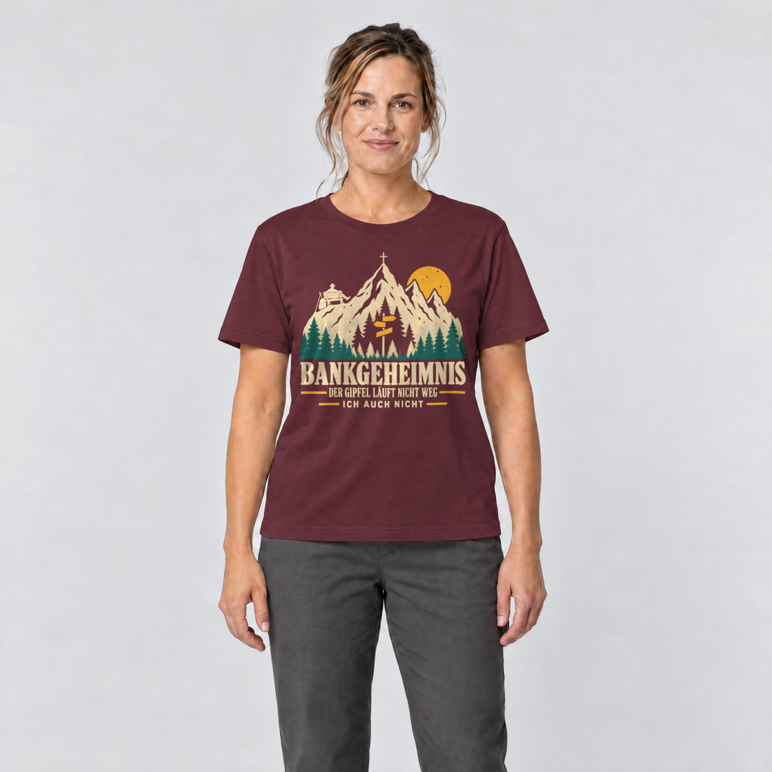 Frau trägt Bankgeheimnis – T-Shirt Unisex in Bordeaux, Ansicht von vorn