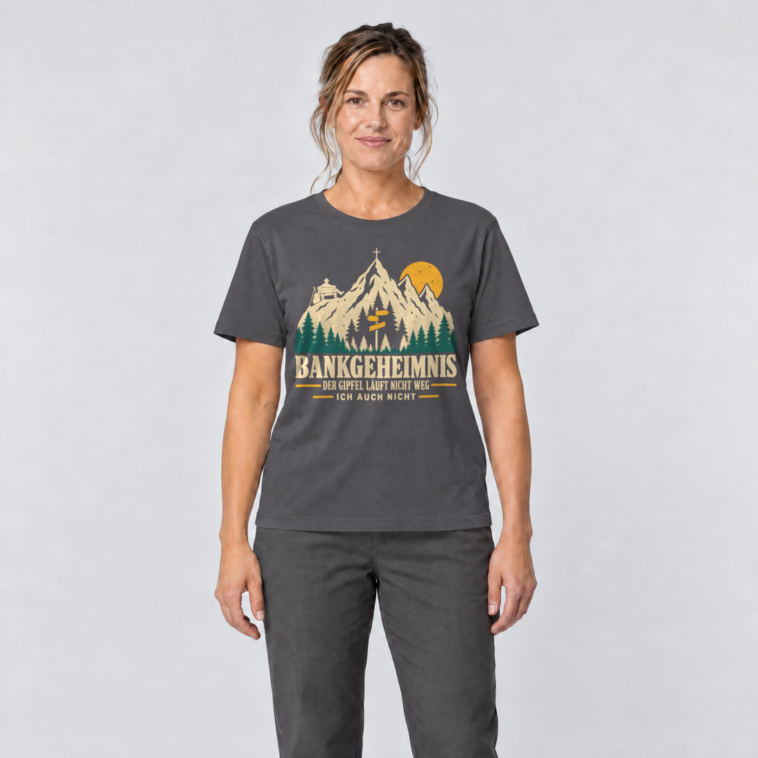 Frau trägt Bankgeheimnis – T-Shirt Unisex in Dunkelgrau, Ansicht von vorn