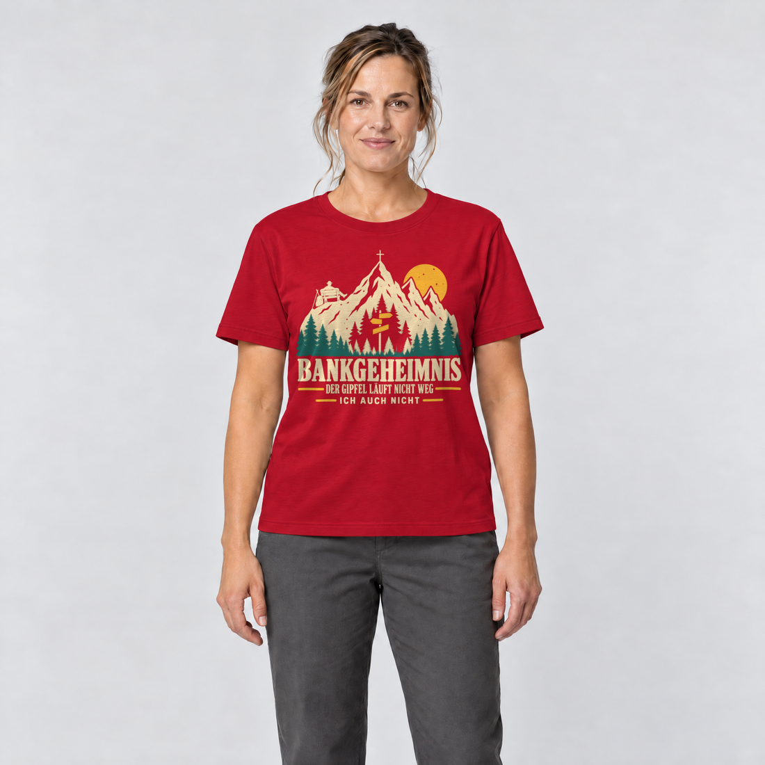 Frau trägt Bankgeheimnis – T-Shirt Unisex in Rot, Ansicht von vorn