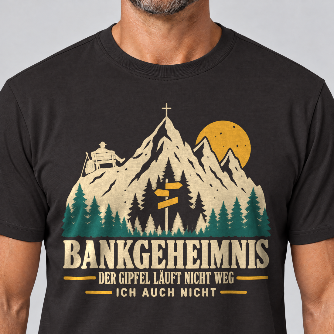 Nahaufnahme des Drucks: Bankgeheimnis – T-Shirt Unisex in Schwarz, von einem Mann getragen