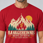 Nahaufnahme des Drucks: Bankgeheimnis – T-Shirt Unisex in Rot, von einem Mann getragen