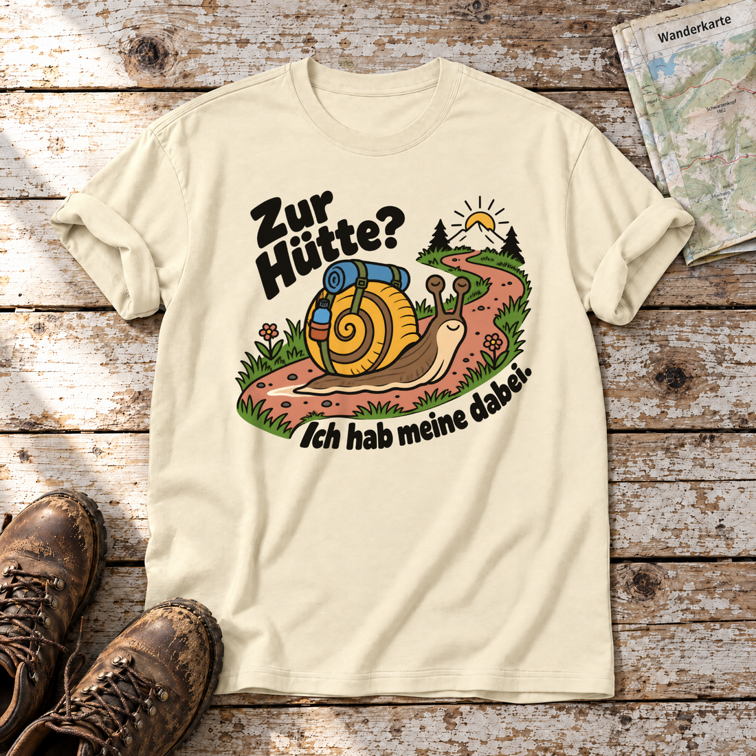 Zur Hütte? Ich hab meine dabei – T-Shirt Unisex in Natur, flach liegend auf alten Holzbrettern mit Wanderschuhen und Wanderkarte.