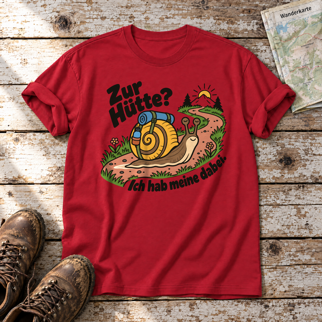 Zur Hütte? Ich hab meine dabei – T-Shirt Unisex in Rot, flach liegend auf alten Holzbrettern mit Wanderschuhen und Wanderkarte.