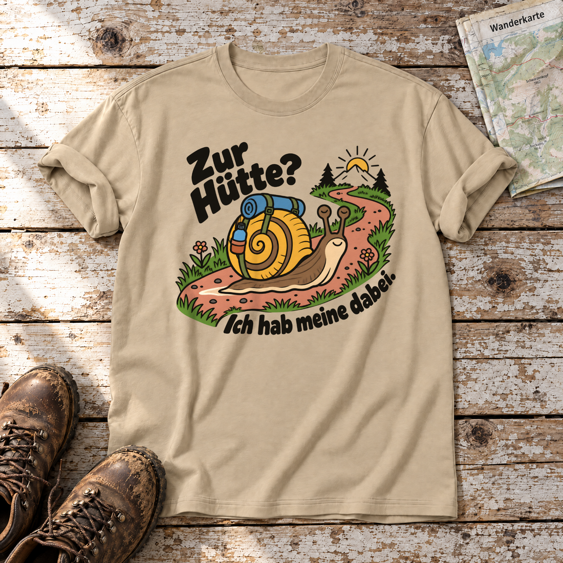Zur Hütte? Ich hab meine dabei – T-Shirt Unisex in Sand, flach liegend auf alten Holzbrettern mit Wanderschuhen und Wanderkarte.