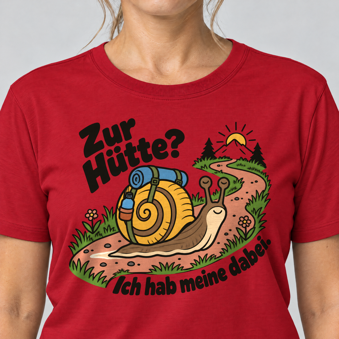 Nahaufnahme des Drucks: Zur Hütte? Ich hab meine dabei – T-Shirt Unisex in Rot, von einer Frau getragen