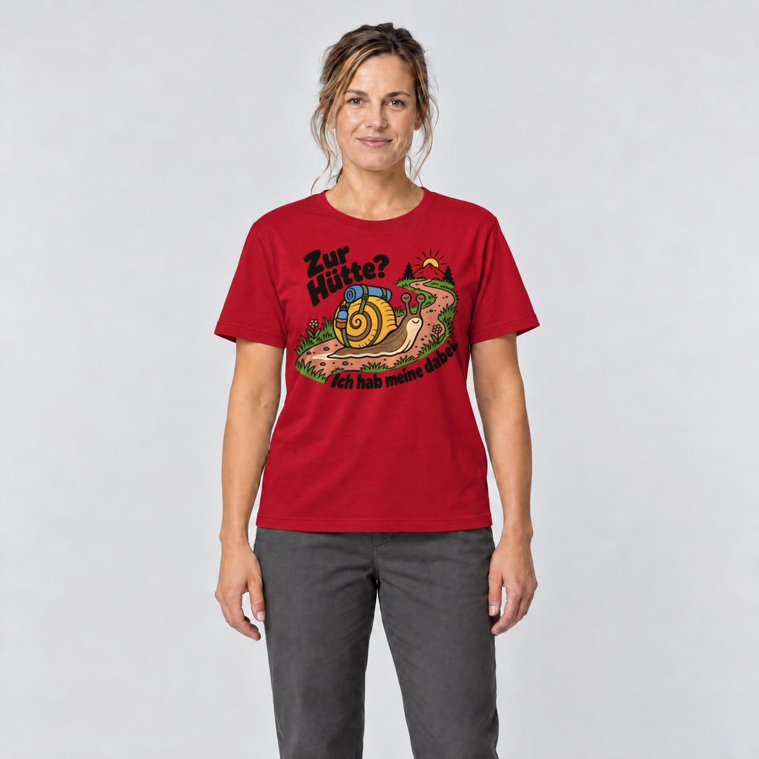 Frau trägt Zur Hütte? Ich hab meine dabei – T-Shirt Unisex in Rot, Ansicht von vorn