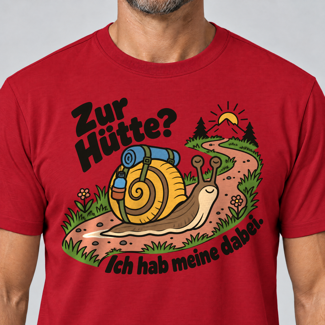Nahaufnahme des Drucks: Zur Hütte? Ich hab meine dabei – T-Shirt Unisex in Rot, von einem Mann getragen