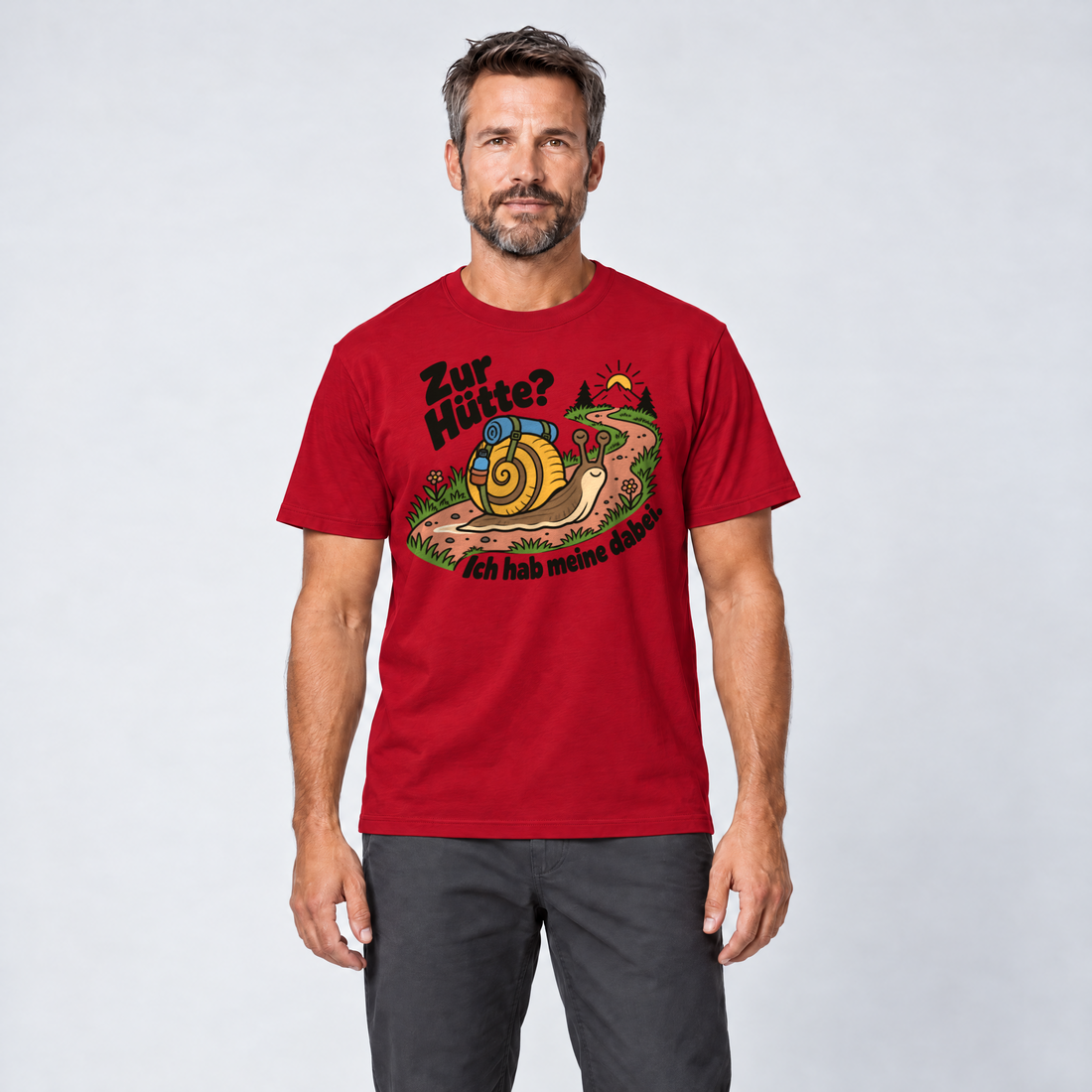 Mann trägt Zur Hütte? Ich hab meine dabei – T-Shirt Unisex in Rot, Ansicht von vorn