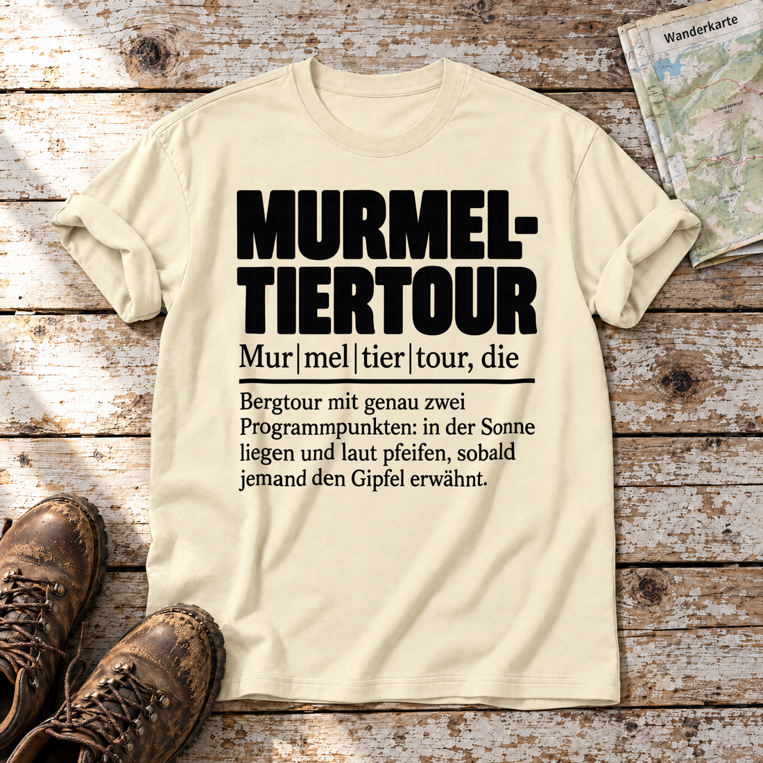 Murmeltiertour – T-Shirt Unisex in Natur, flach liegend auf alten Holzbrettern mit Wanderschuhen und Wanderkarte.