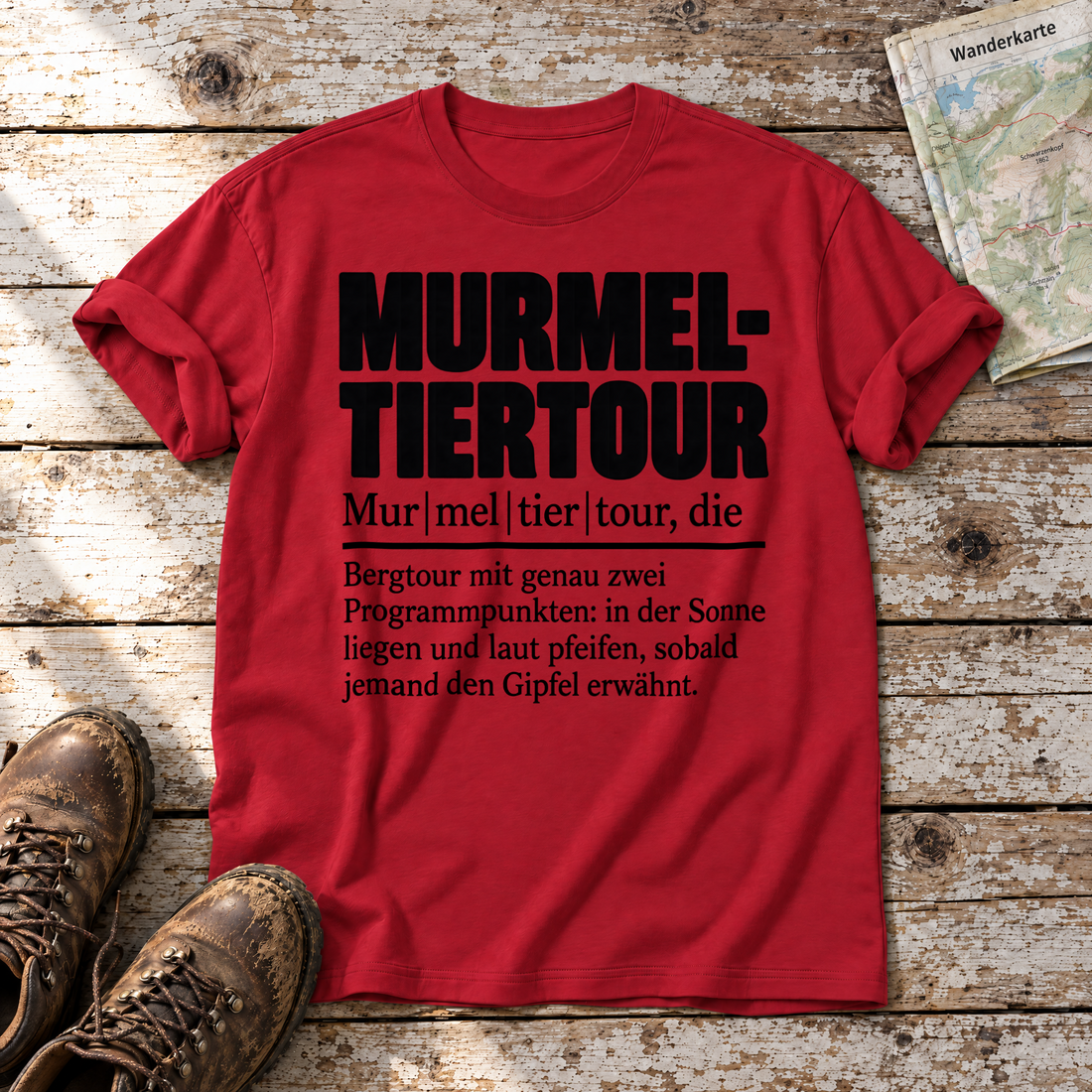 Murmeltiertour – T-Shirt Unisex in Rot, flach liegend auf alten Holzbrettern mit Wanderschuhen und Wanderkarte.