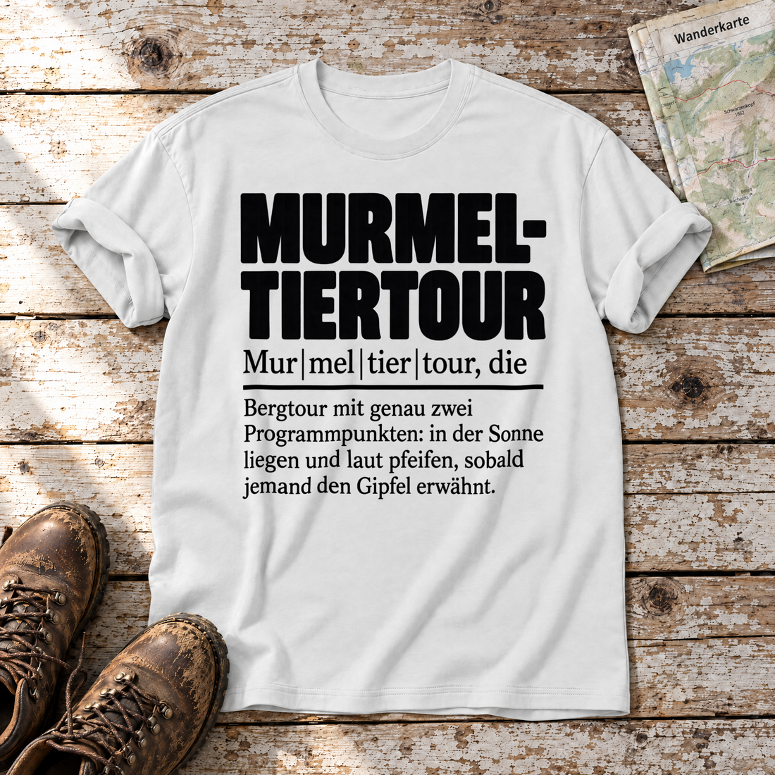 Murmeltiertour – T-Shirt Unisex in Weiß, flach liegend auf alten Holzbrettern mit Wanderschuhen und Wanderkarte.