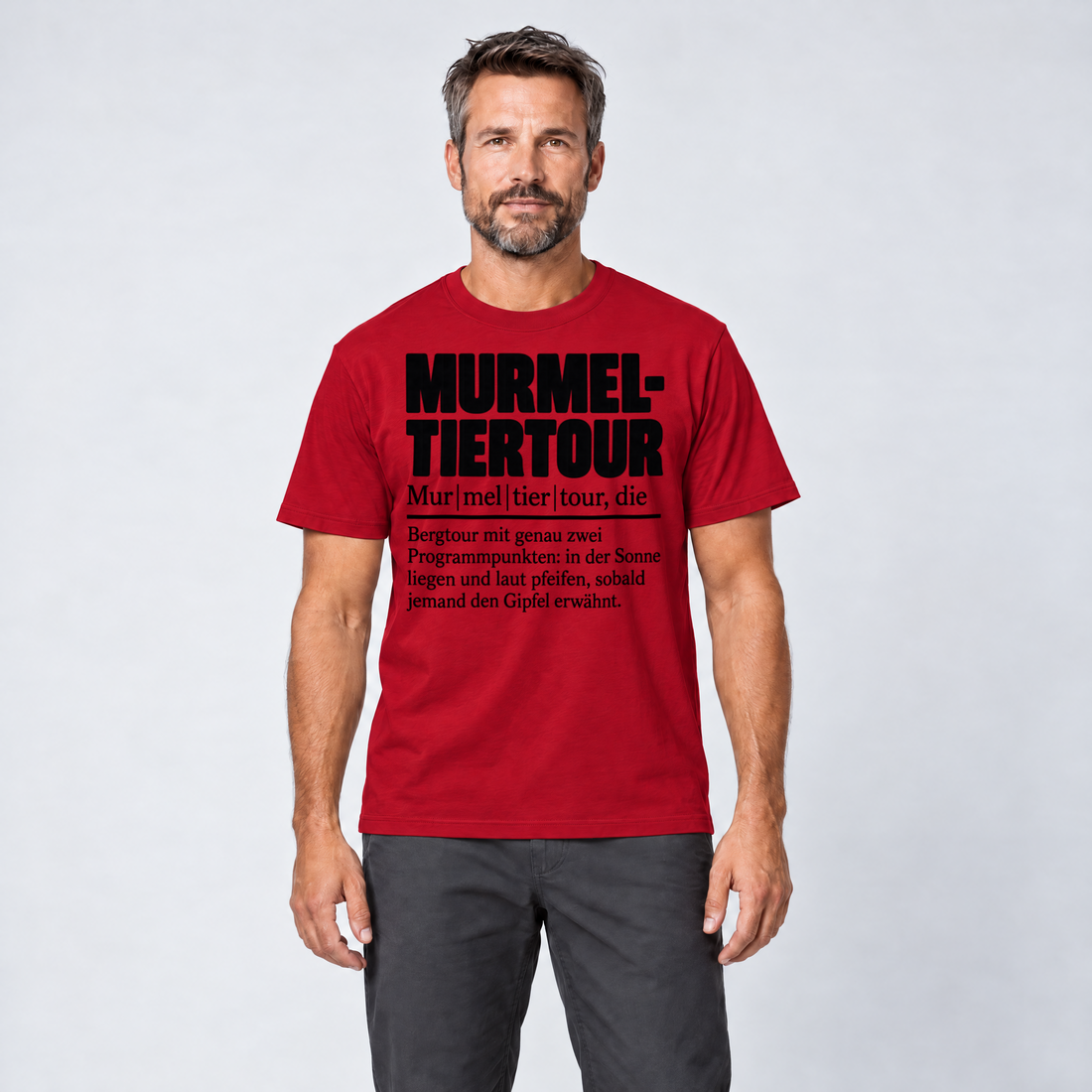 Mann trägt Murmeltiertour – T-Shirt Unisex in Rot, Ansicht von vorn